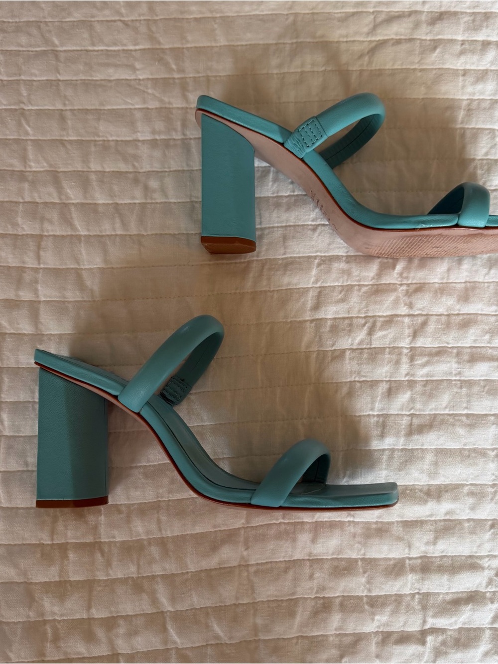 Schutz Ully Turquoise Block Double-Strap Square-Toe Heeled Sandals 7.5 - Picture 2 of 6